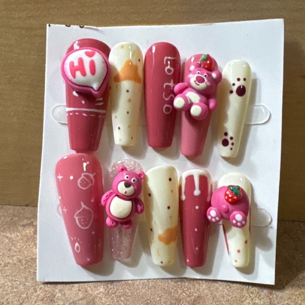 Lotso Pink Bear 3D Press On Nails Long Coffin Kawaii Strawberry Nail Art Set‎